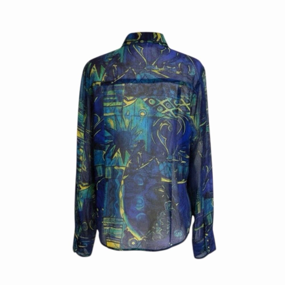 Chicos Silk Blouse Top Shirt Sheer Button Front Geometric Blue 1 US M 8 - Picture 5 of 7
